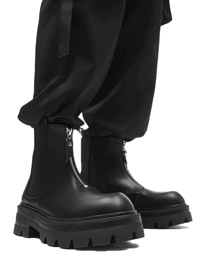 Chunky Sole Leather Zipper Chelsea Boots