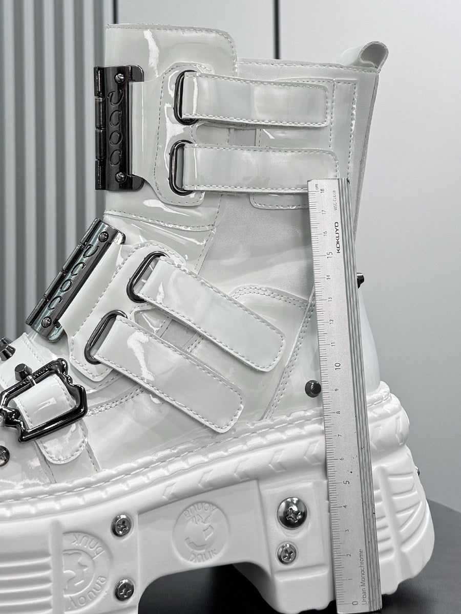 Patent Strap Buckle Studs Platform Short Boots