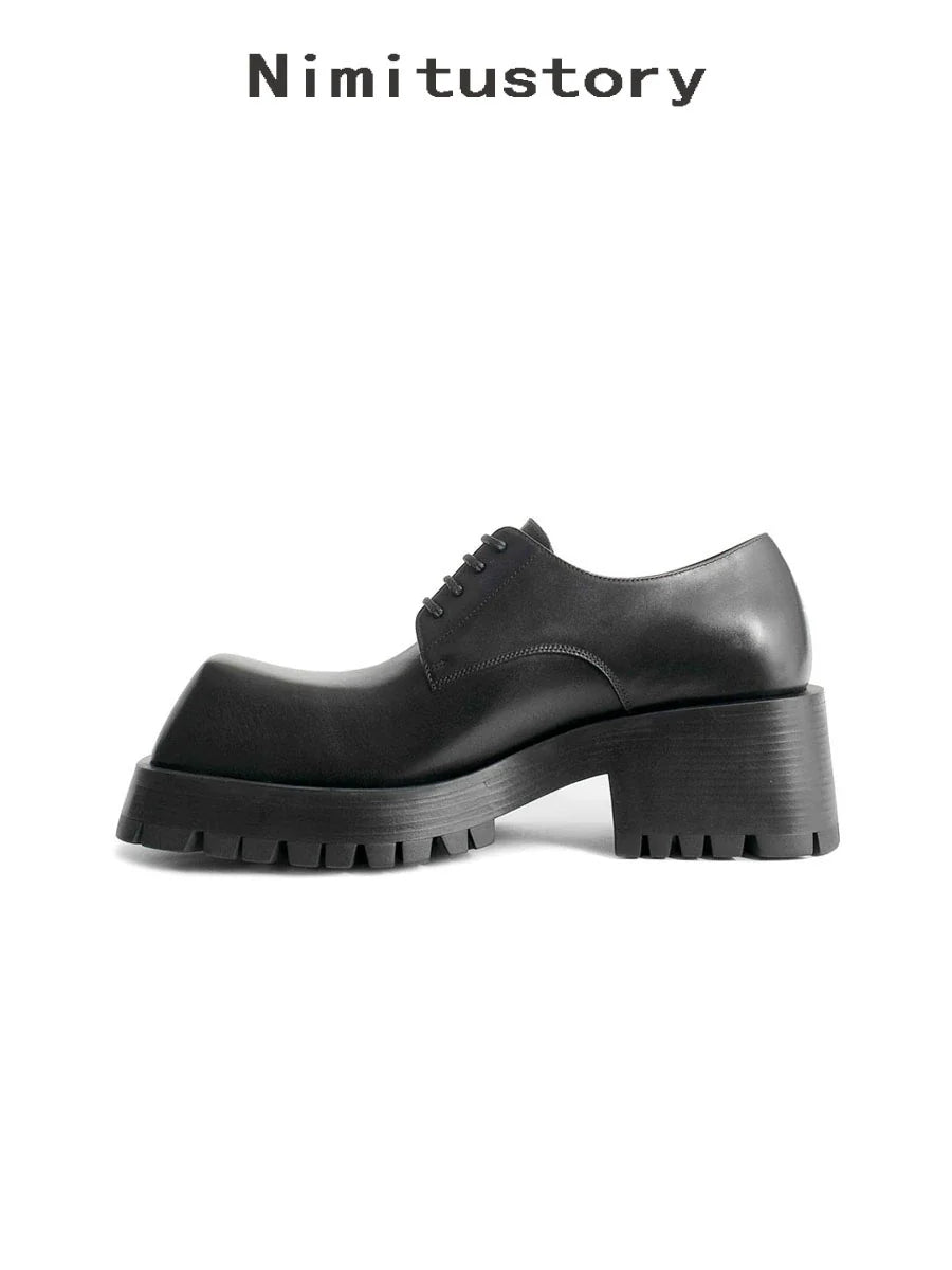 Upturned Toe Square Toe Chunky Sole Leather Derby Shoes