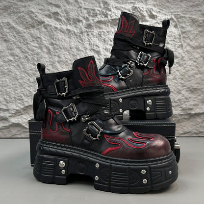 Flame Embroidery Strap Buckle Platform Short Boots