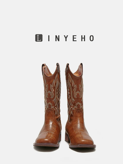 Embroidery Square-Toe Mid-Calf Boots