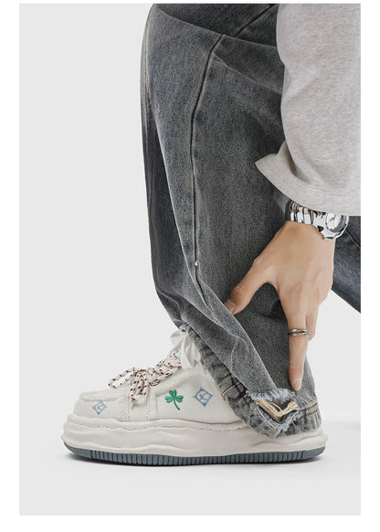 Distressed Embroidered Platform Sneakers