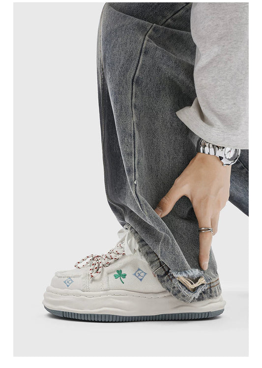 Distressed Embroidered Platform Sneakers