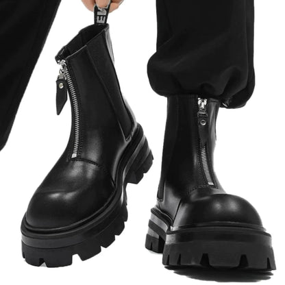 Chunky Sole Leather Zipper Chelsea Boots