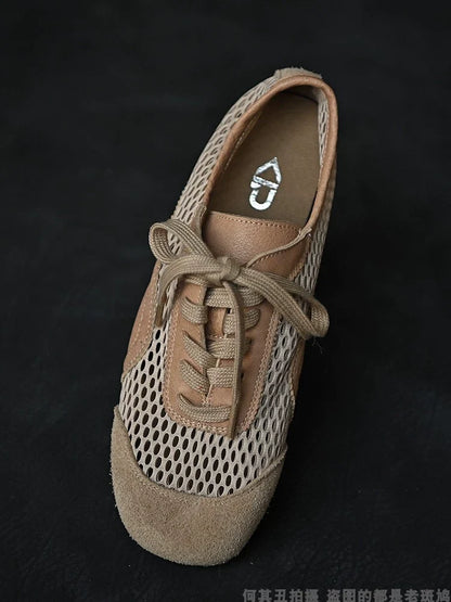 Beige Mesh Suede Lace-Up Sneakers