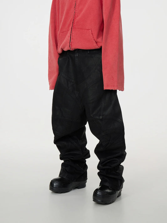 Waxed Coated Biker Armor Pleats Wide Leg Dragging Denim Jeans