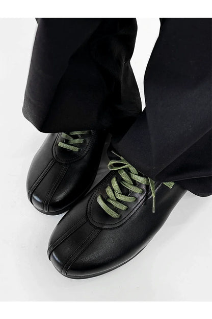 Black Split-Toe Derby Shoes with Green Laces