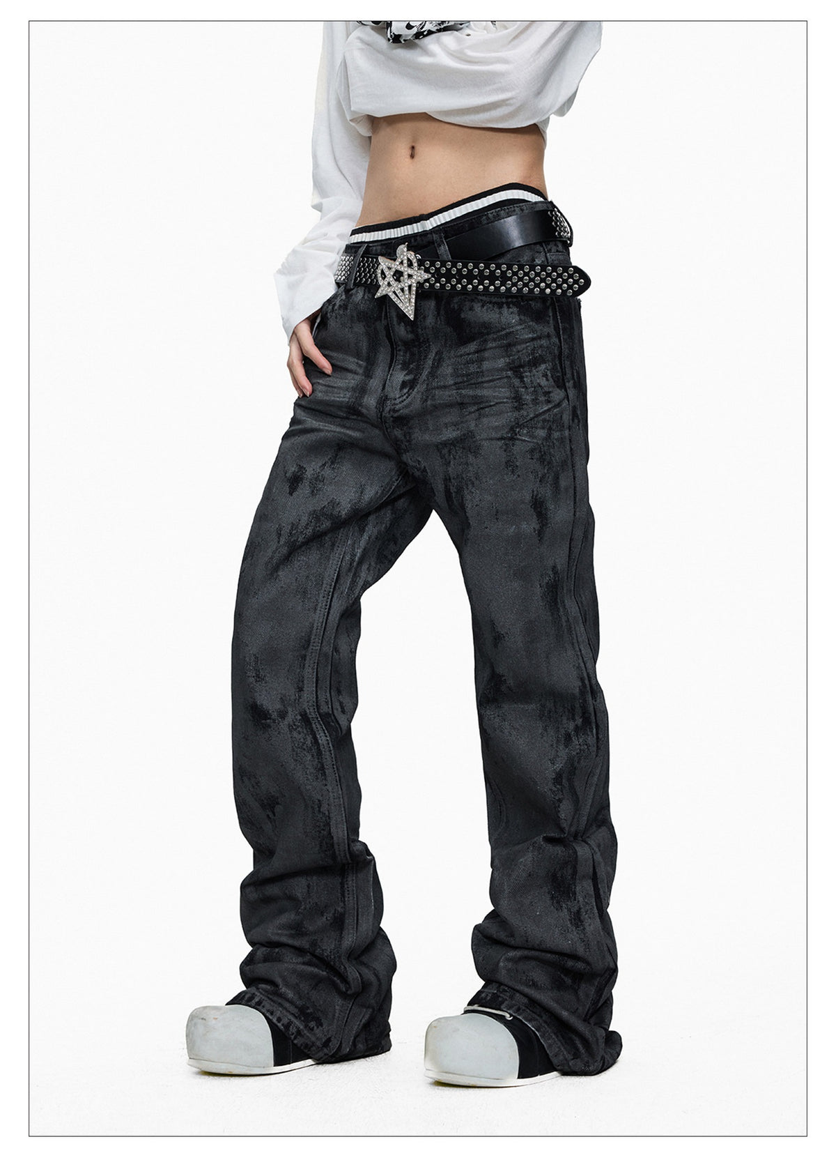 Hand-brushed Flared Washed Denim Jeans