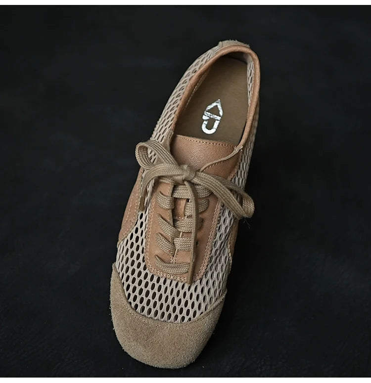 Beige Mesh Suede Lace-Up Sneakers