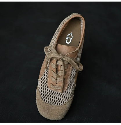 Beige Mesh Suede Lace-Up Sneakers