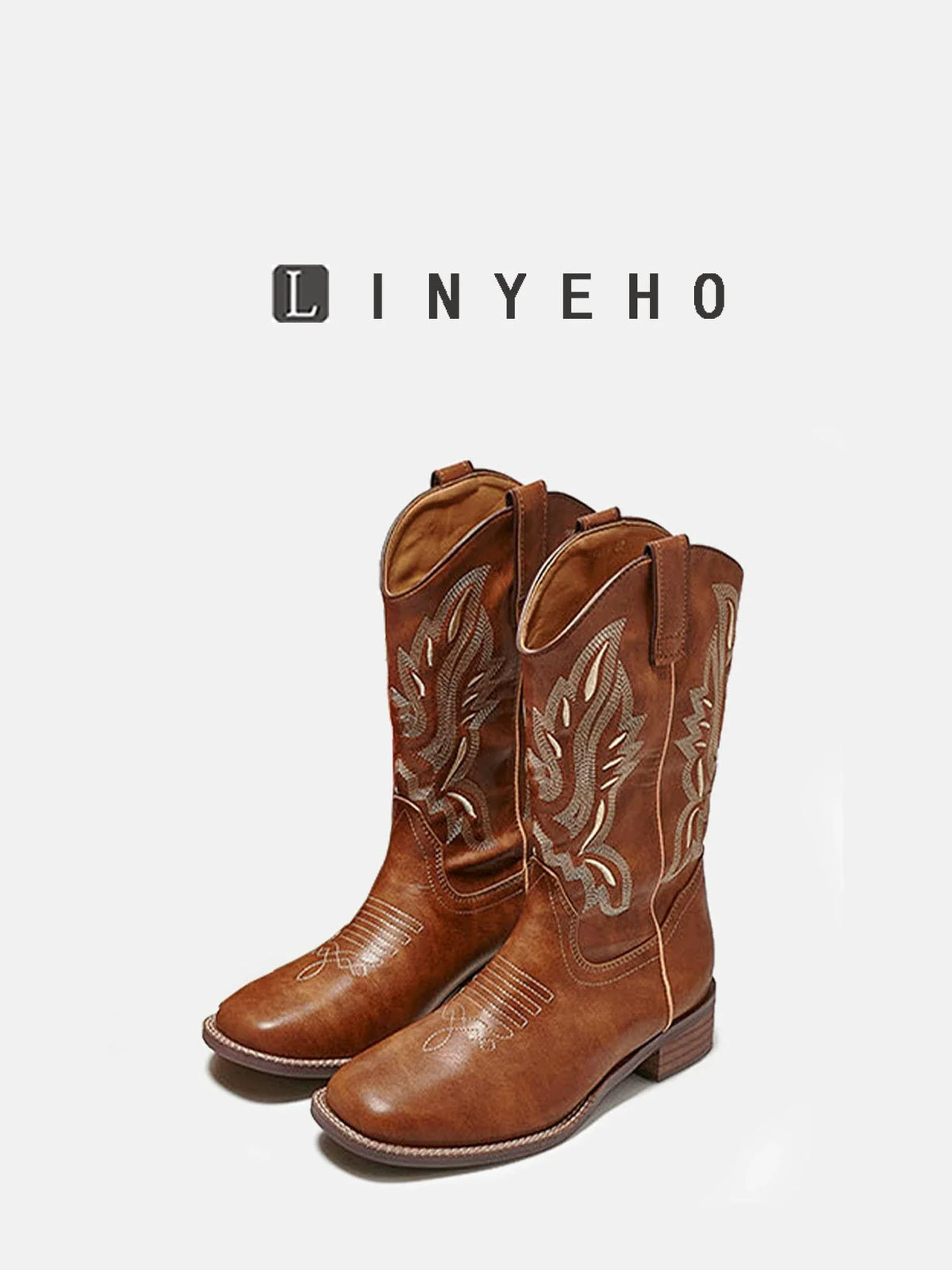 Embroidery Square-Toe Mid-Calf Boots