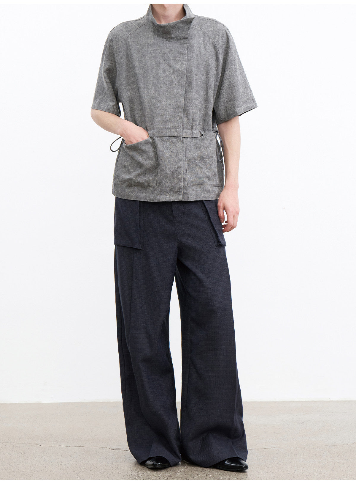 Shirt with a Slanted Collar and Fitted Waist