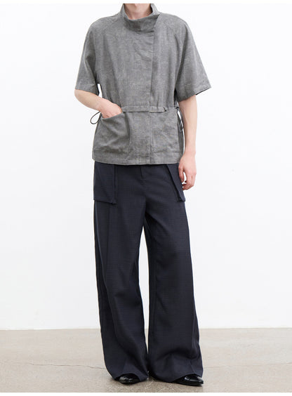 Shirt with a Slanted Collar and Fitted Waist