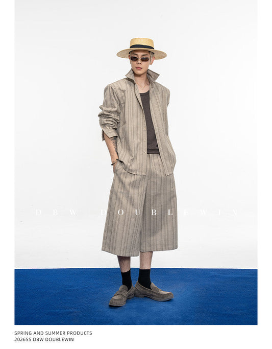 Drape-style Vertical Stripe Shirt Set