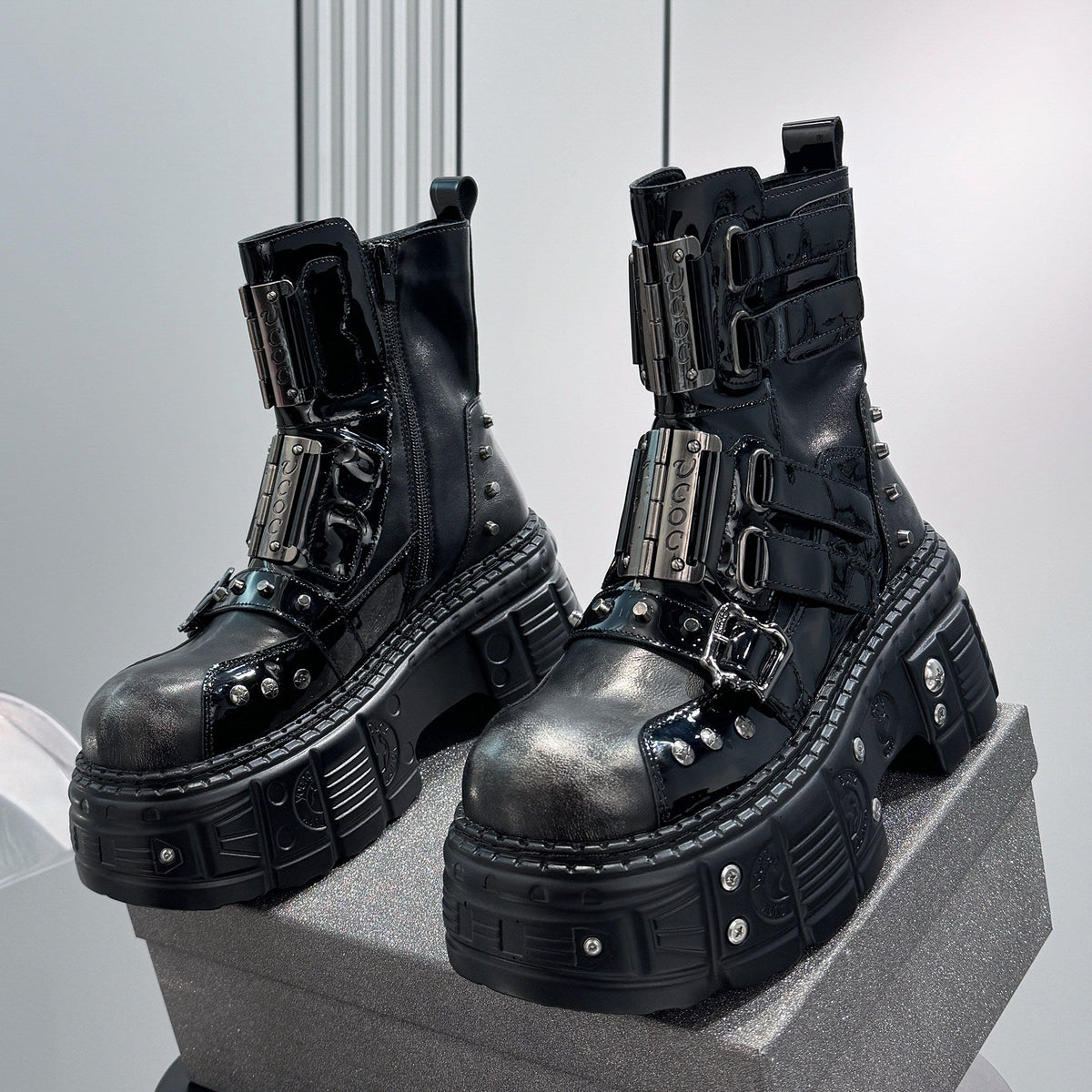 Patent Strap Buckle Studs Platform Short Boots