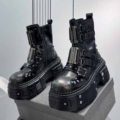 Patent Strap Buckle Studs Platform Short Boots