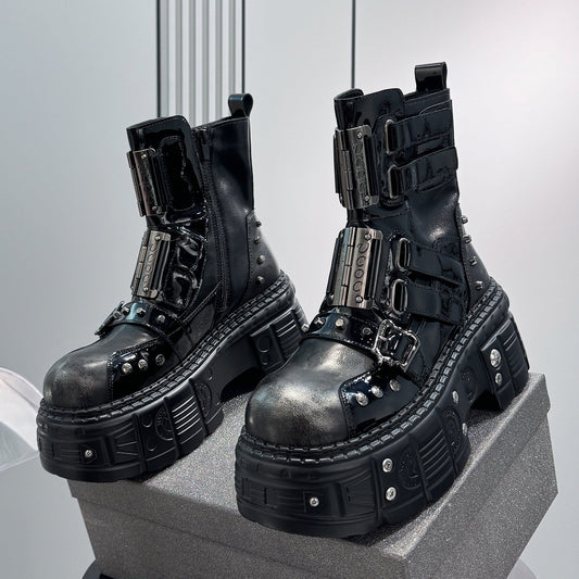 Patent Strap Buckle Studs Platform Short Boots