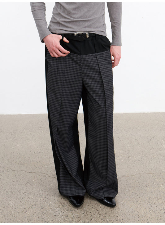 Checkered Color-Blocked Loose-Fit Casual Pants