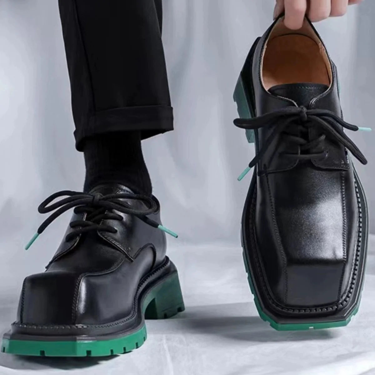 Square Toe Chunky Sole Leather Derby Shoes
