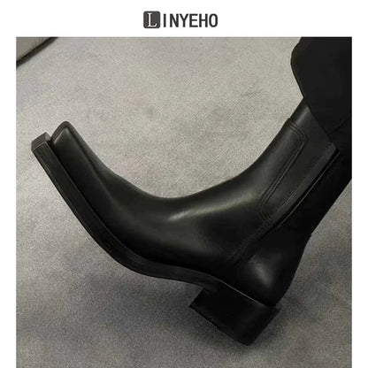 Square Toe Chunky Sole Leather Upturned Toe Chelsea Boots