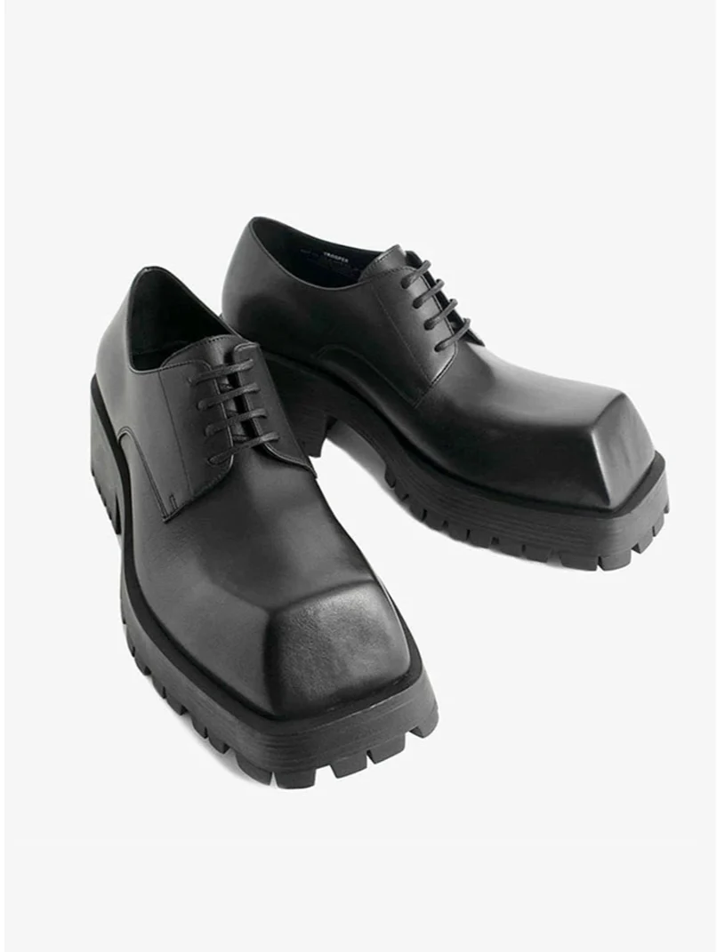 Upturned Toe Square Toe Chunky Sole Leather Derby Shoes