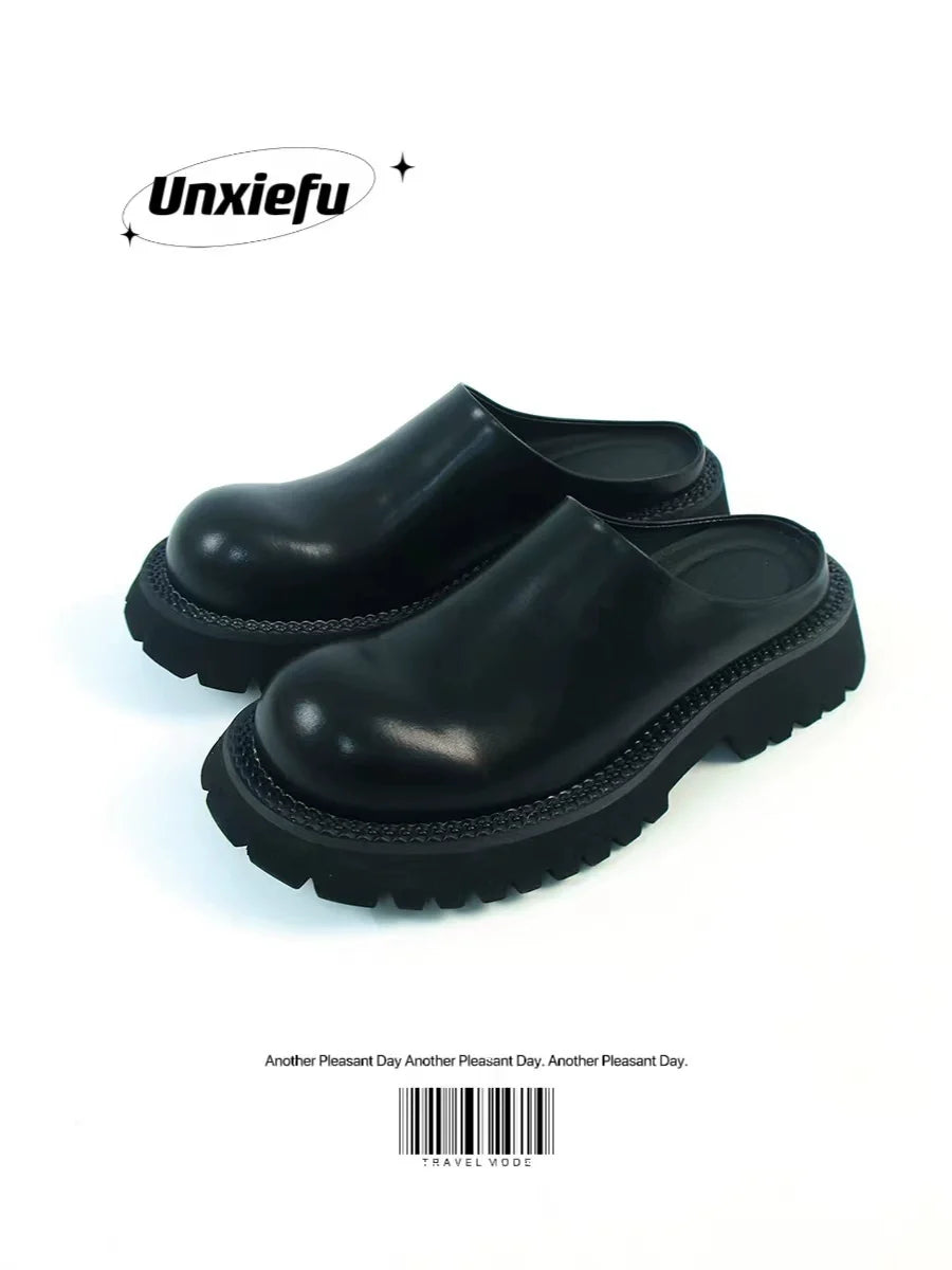 Chunky Sole Leather Mule Derby Shoes