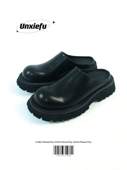 Chunky Sole Leather Mule Derby Shoes