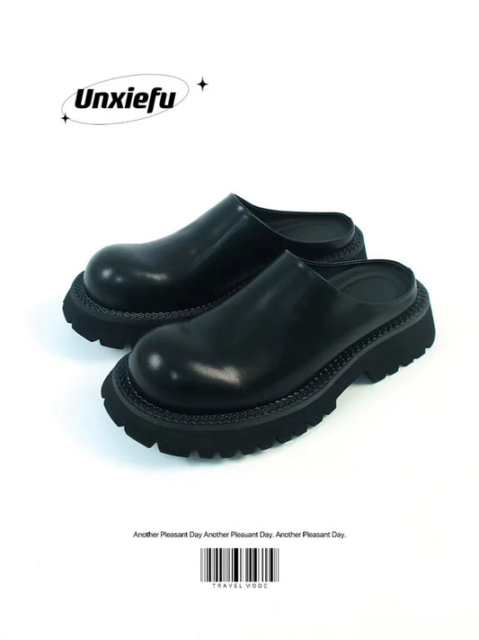 Chunky Sole Leather Mule Derby Shoes