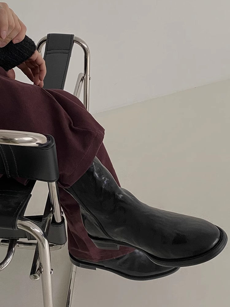 Round Toe PU Leather Mid Cut Boots