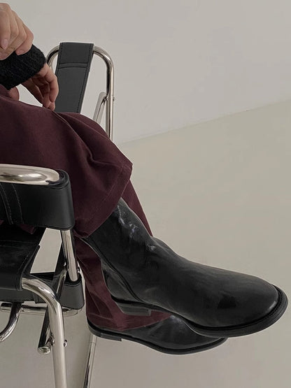 Round Toe PU Leather Mid Cut Boots