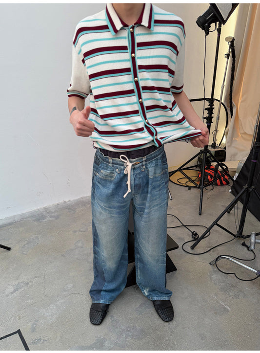 Breathable Striped Shirt with Gold Buttons