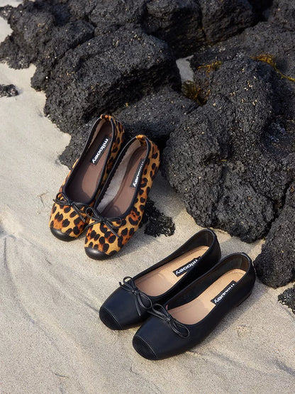 Bow-Trim Velvet Square-Toe Ballet Flats