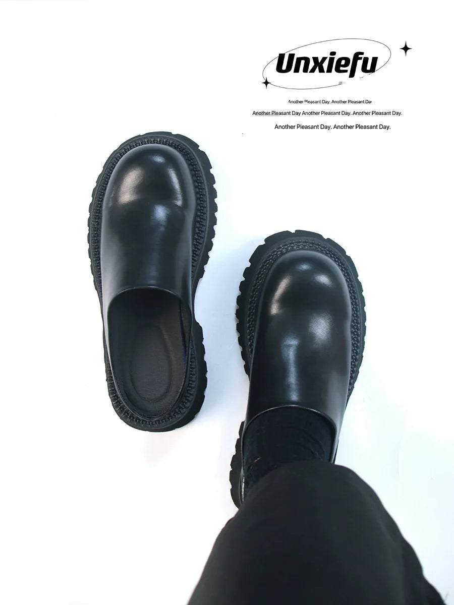 Chunky Sole Leather Mule Derby Shoes