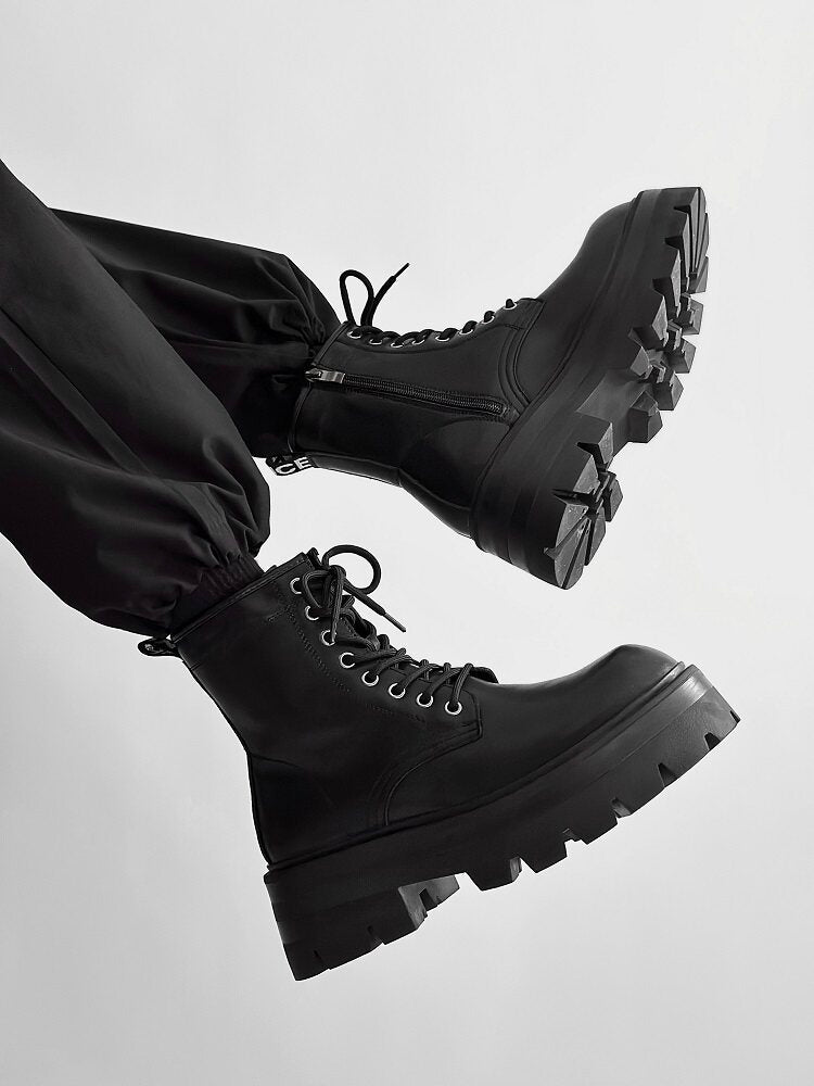 Chunky Lug Sole Platform Lace-Up Zipper Boots