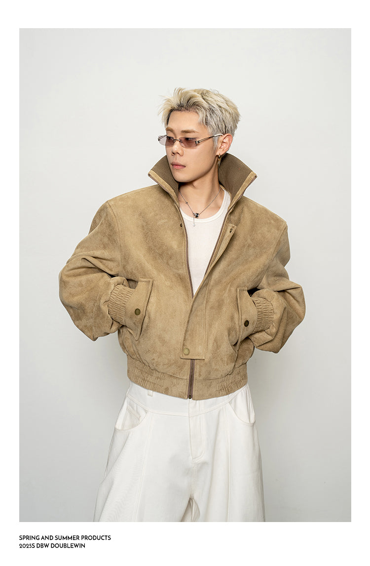 Suede Rib High-Neck Short Jacket
