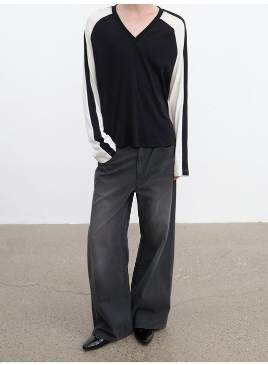 Dark-Striped Washed Denim Pants