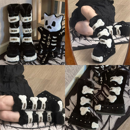 Y2K Rivet Fake Fur Platform Long Boots