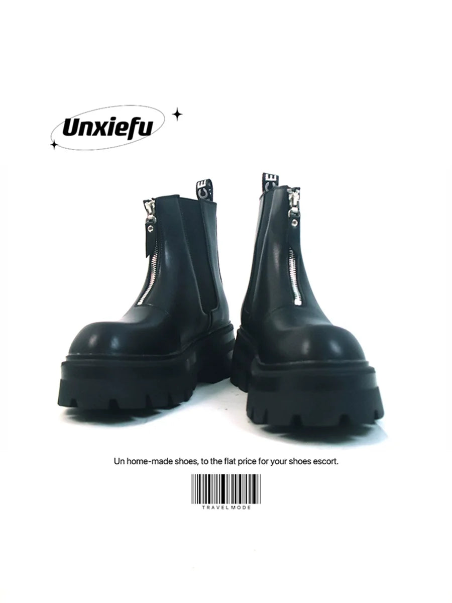 Chunky Sole Leather Zipper Chelsea Boots