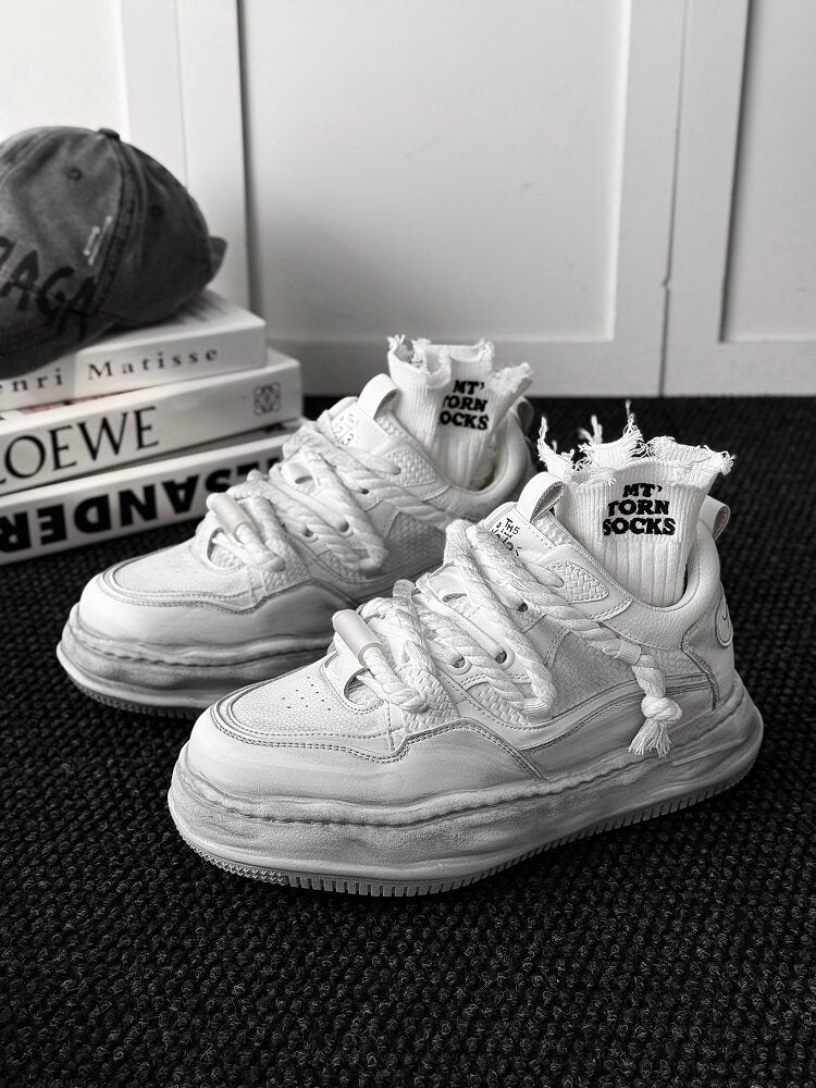 Ivory Distressed Chunky Lace-Up Sneakers