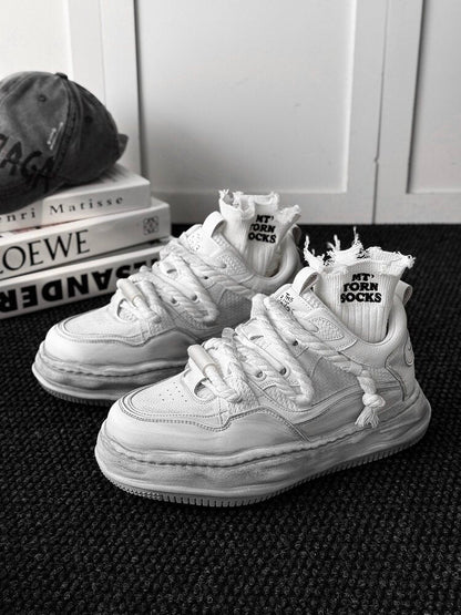 Ivory Distressed Chunky Lace-Up Sneakers