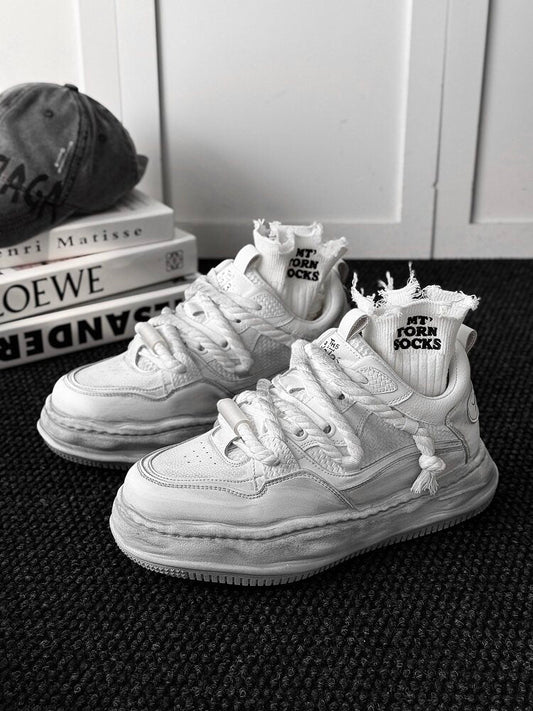 Ivory Distressed Chunky Lace-Up Sneakers