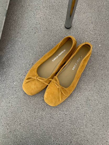 Bow-Trim Velvet Square-Toe Ballet Flats