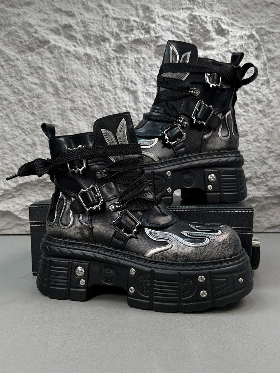 Flame Embroidery Strap Buckle Platform Short Boots
