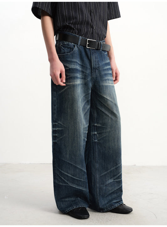 3D Pleated Washed Denim Pants