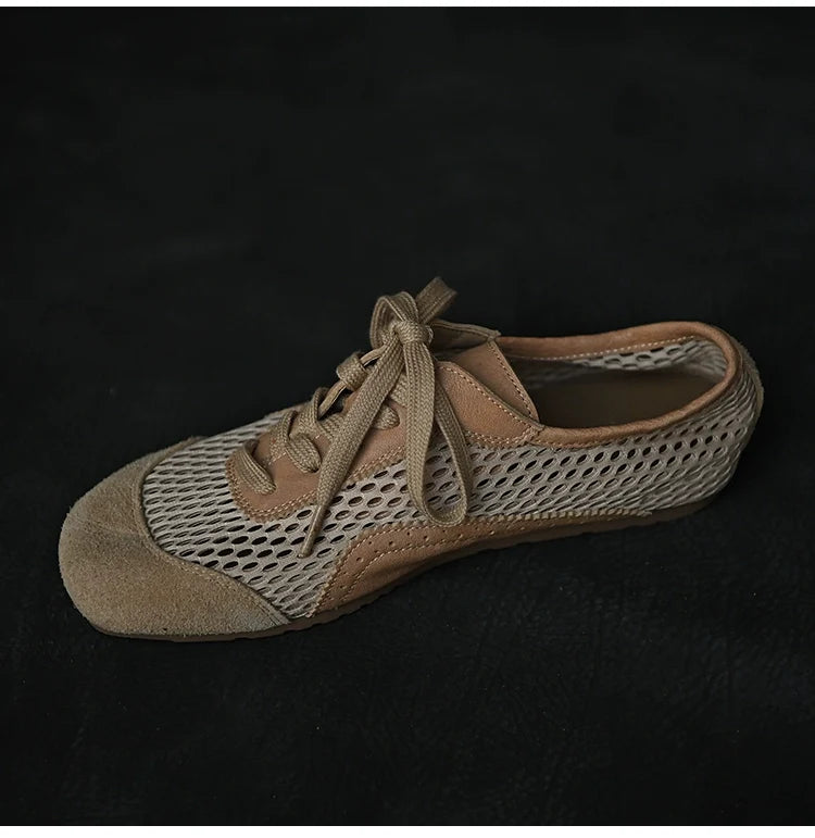 Beige Mesh Suede Lace-Up Sneakers
