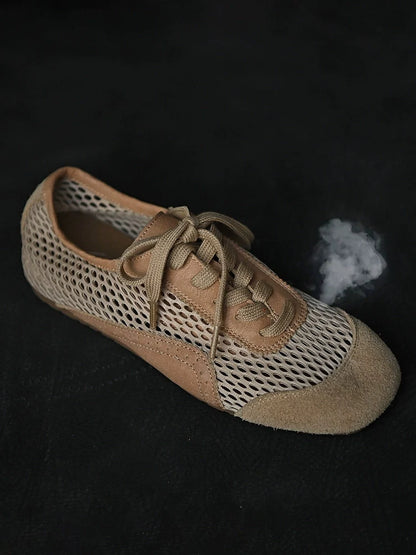 Beige Mesh Suede Lace-Up Sneakers