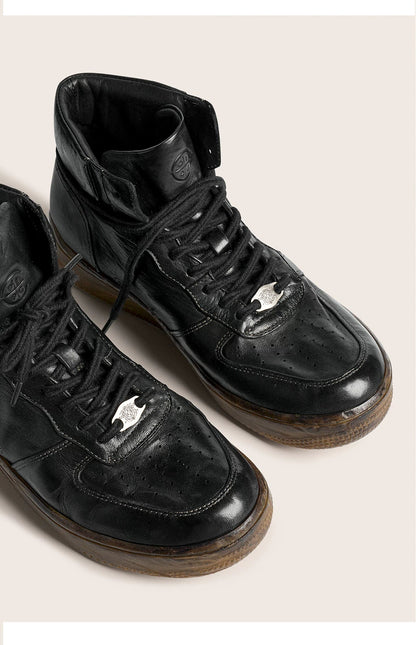 Vintage Black Leather High-Top Sneakers