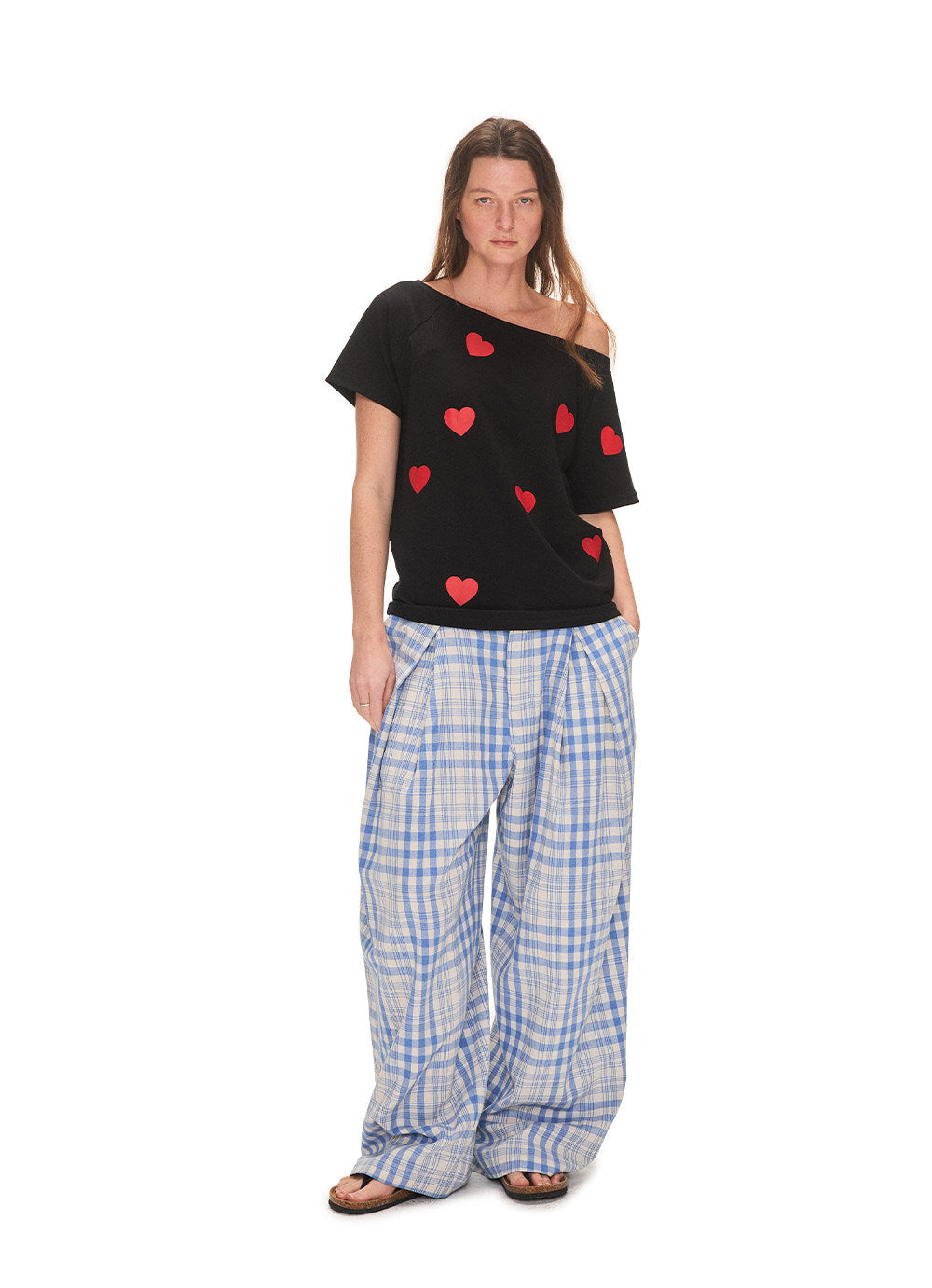Blue Checkered Pleated Casual Pants