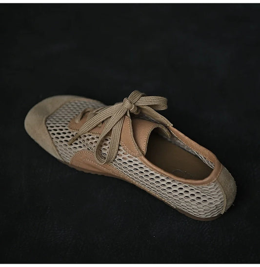 Beige Mesh Suede Lace-Up Sneakers