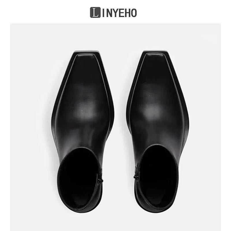 Square Toe Chunky Sole Leather Upturned Toe Chelsea Boots